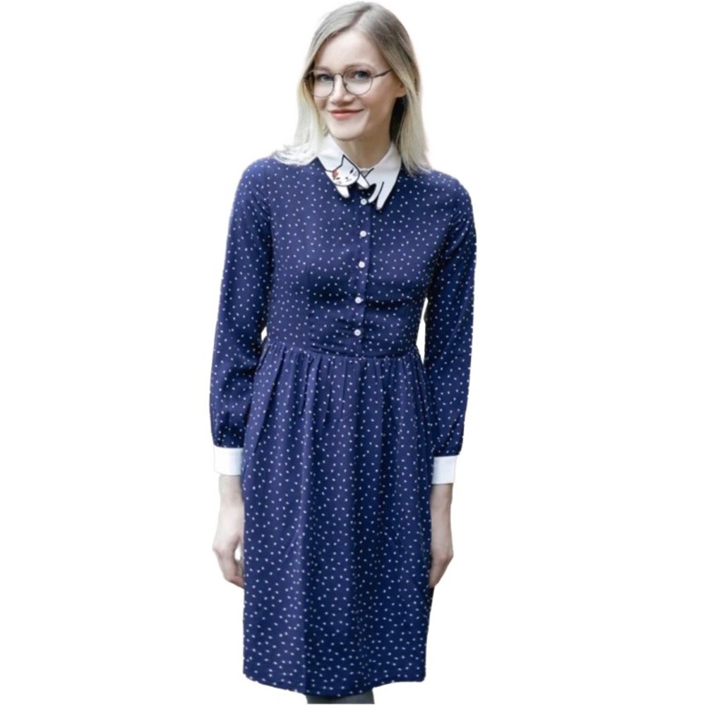 Miss Patina Navy Long Sleeve Dress with White Dots And Cat Collar Size L